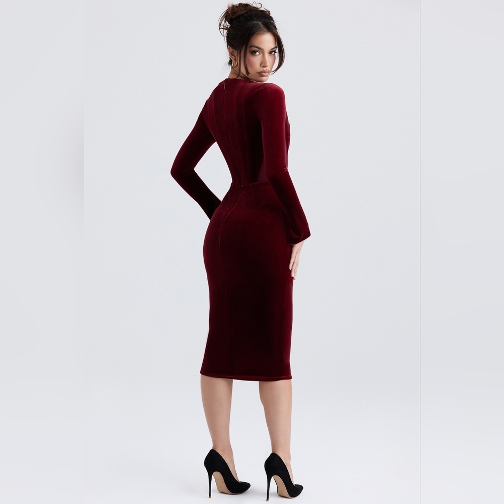 House Of CB Solaine wine red‎ velvet corset dress Long Sleeve Midi S NWT - Picture 5 of 8